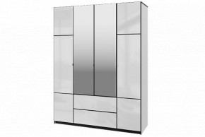 Шкаф 4-х дверный Палермо 02 с ящиками и зеркалом Белый гладкий шелк/Черный гладкий шелк в Дегтярске - degtyarsk.ok-mebel.com | фото